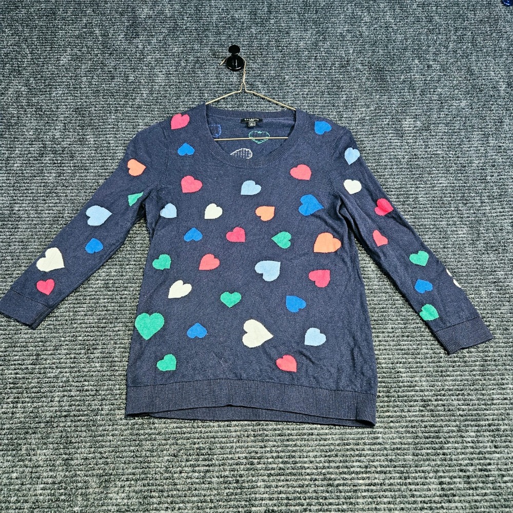 Talbots Petites Navy Blue Multi Color Heart Intarsia Crewneck Sweater Size P - Picture 1 of 7